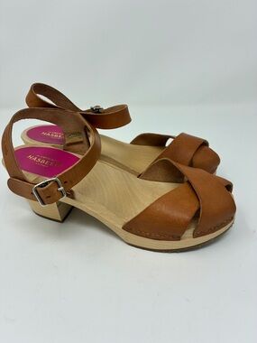 Swedish Hasbeens Women Tan Genuine Leather Clog Sandals with Ankle Strap 36